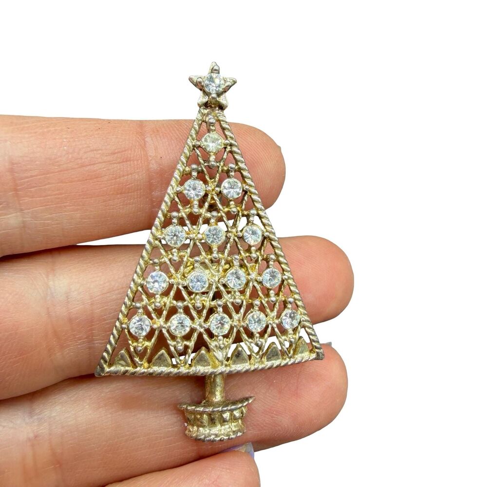 Eisenberg Ice Rhinestone Christmas Tree Brooch – Clear Stones Pin